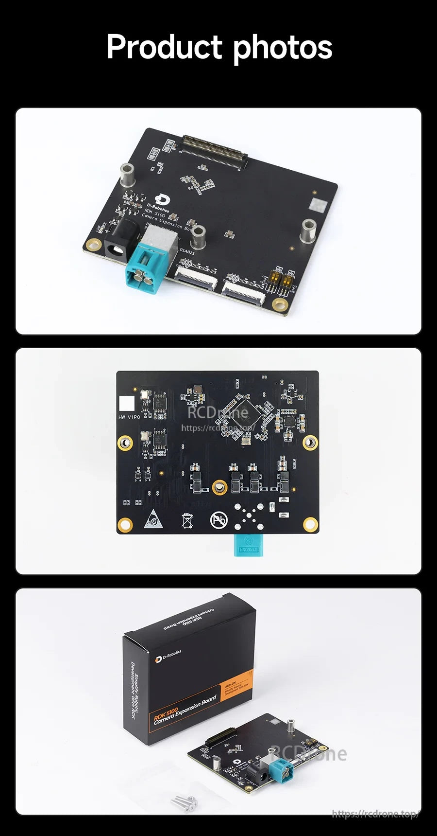 Product photo collage showing top and bottom views of the expansion board plus packaging box and included hardware