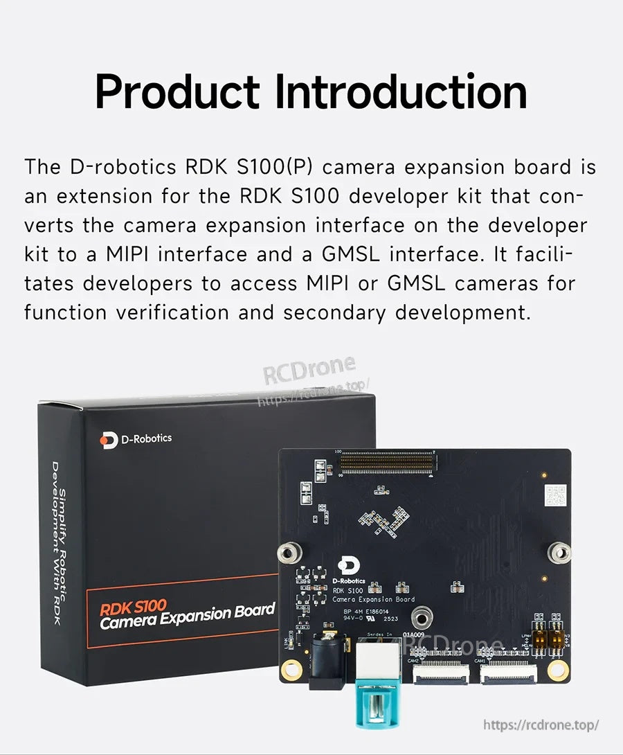 RDK S100(P) camera expansion board with retail box, front view of connectors for RDK S100/S100P