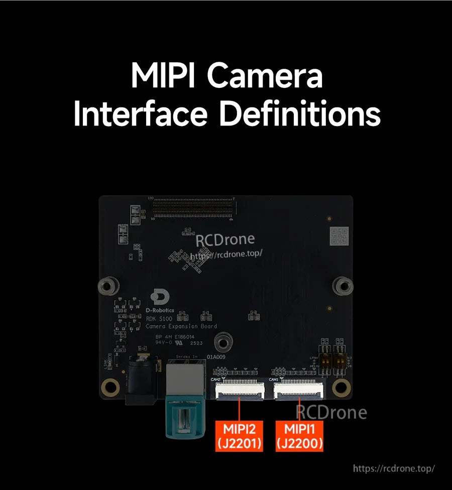 Board photo labeling the two 22-pin MIPI CSI-2 connectors on the expansion board: MIPI1 (J2200) and MIPI2 (J2201)