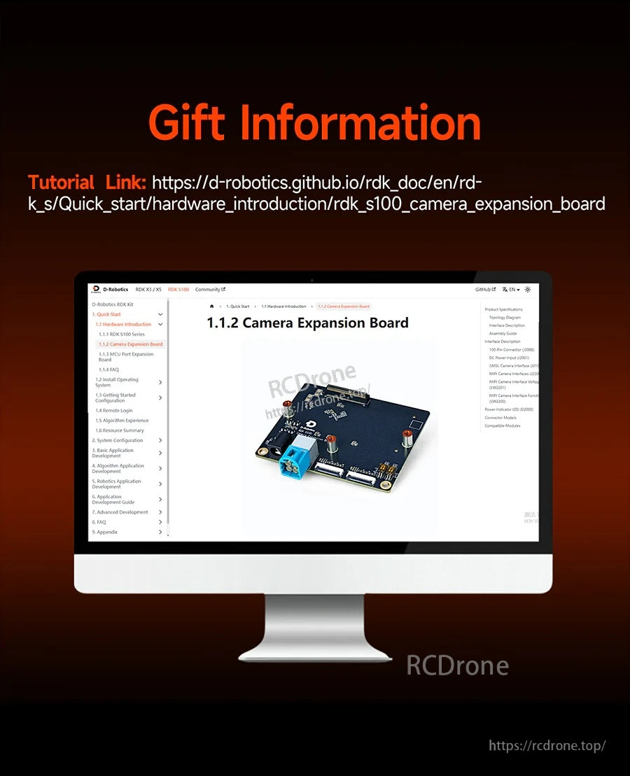Documentation link screen for the RDK S100 camera expansion board hardware introduction and quick start guide