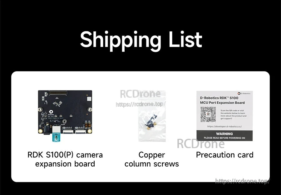 What’s included: RDK S100(P) camera expansion board, copper column screws, and precaution card