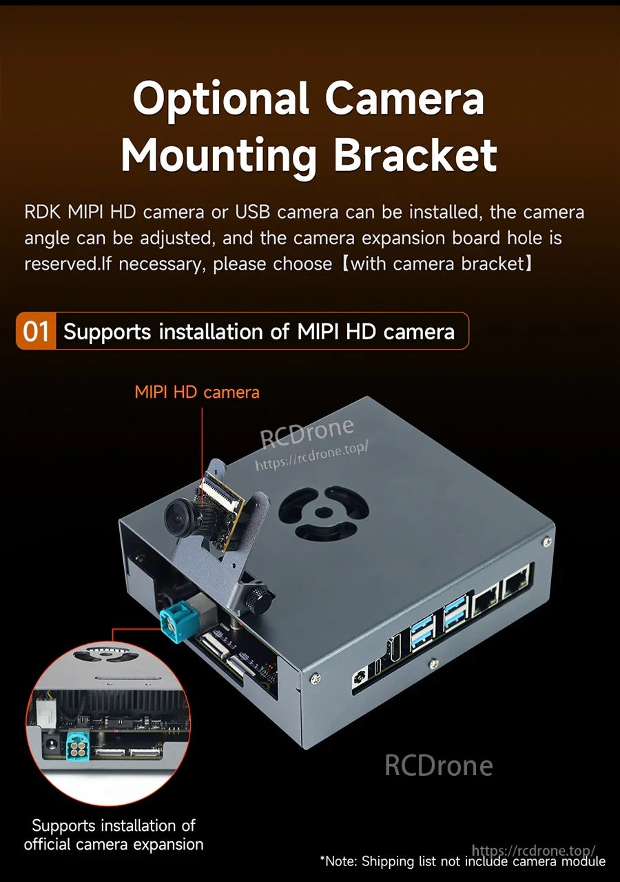 RDK S100/S100P case with optional MIPI camera mounting bracket attached for machine vision setup