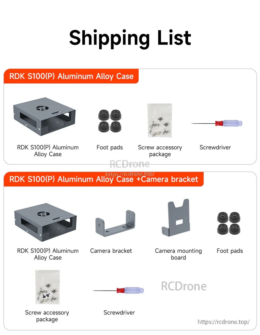 Packing list for RDK S100(P) aluminum alloy case, with or without camera bracket, including screws and foot pads