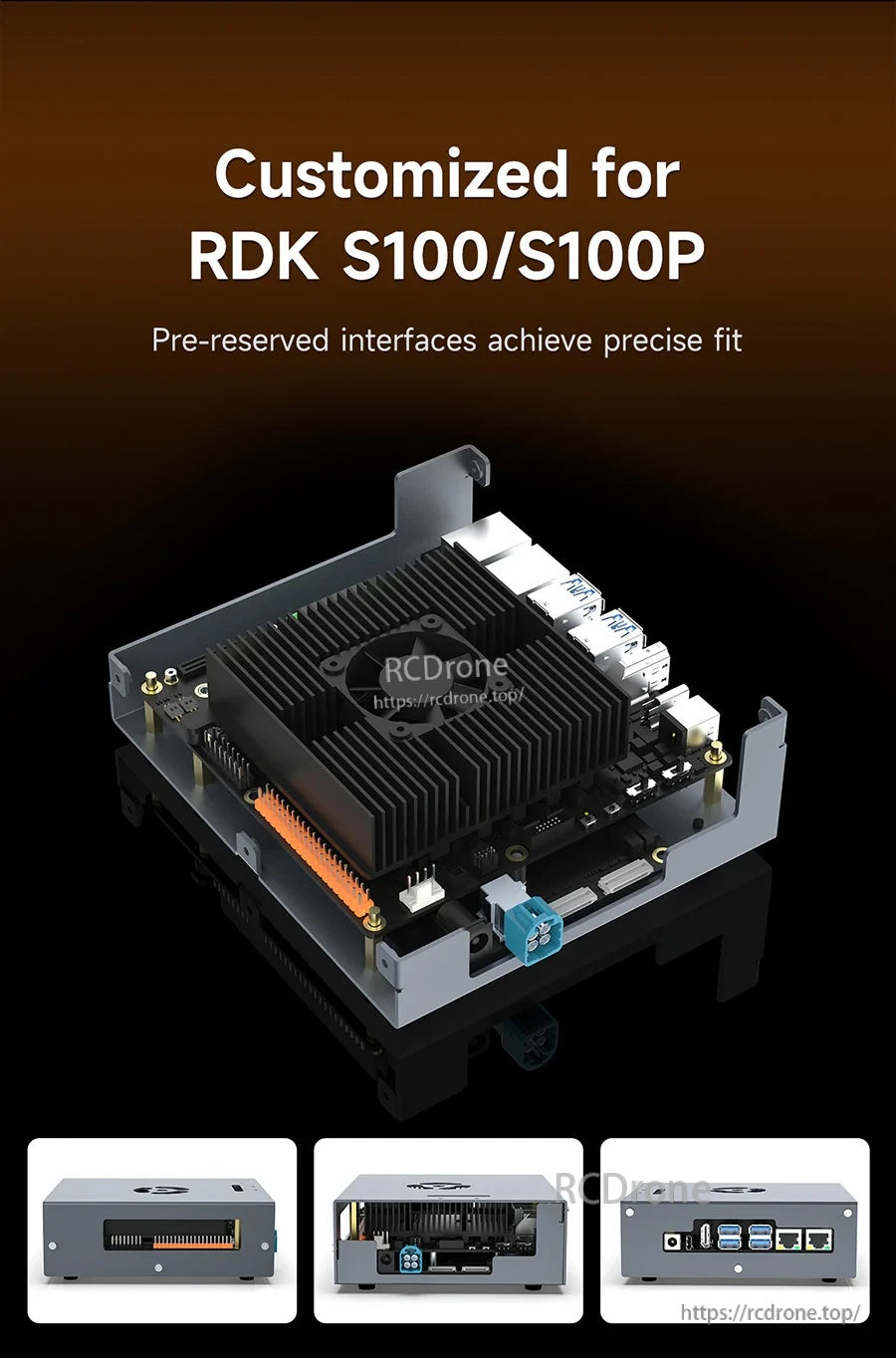 RDK S100/S100P board installed in the case showing precise cutouts and fitted heat sink clearance