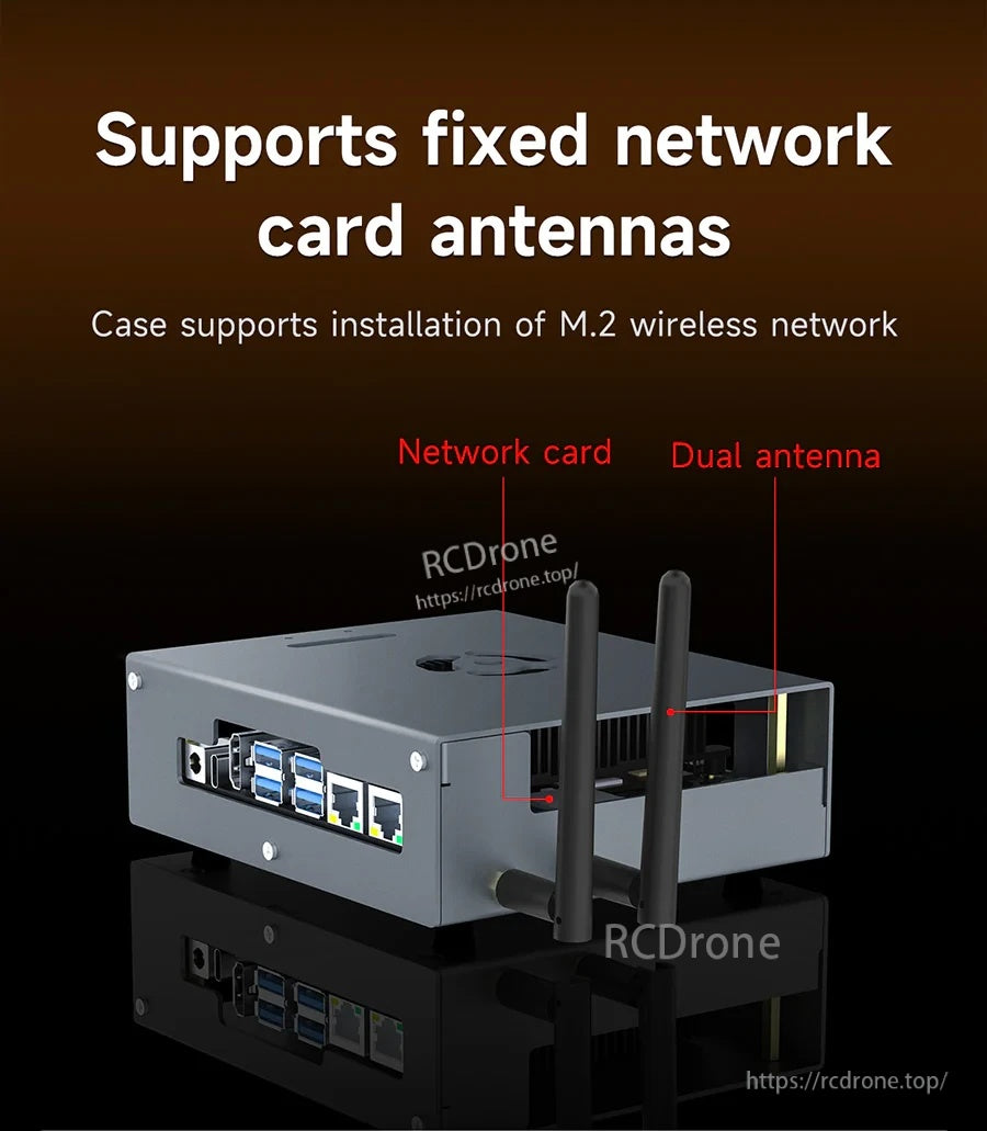RDK S100/S100P aluminum case with dual antenna mounting holes and M.2 wireless network card installed