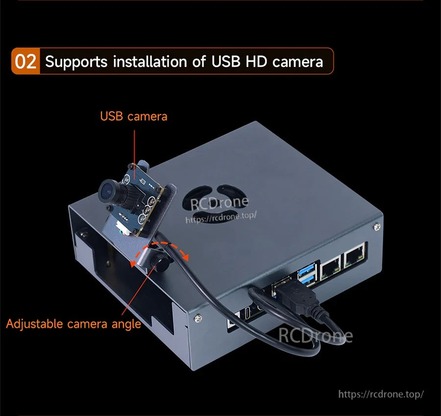 RDK S100/S100P case with USB camera mounted on bracket, showing cable routing and adjustable angle