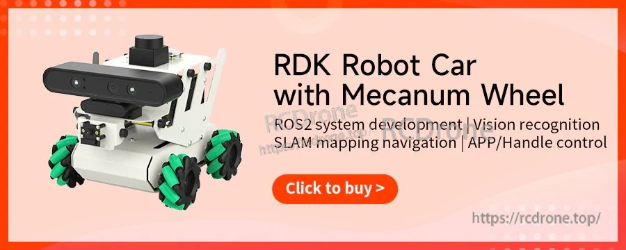 Promotional banner for RDK robot car with mecanum wheels and a “Click to buy” button