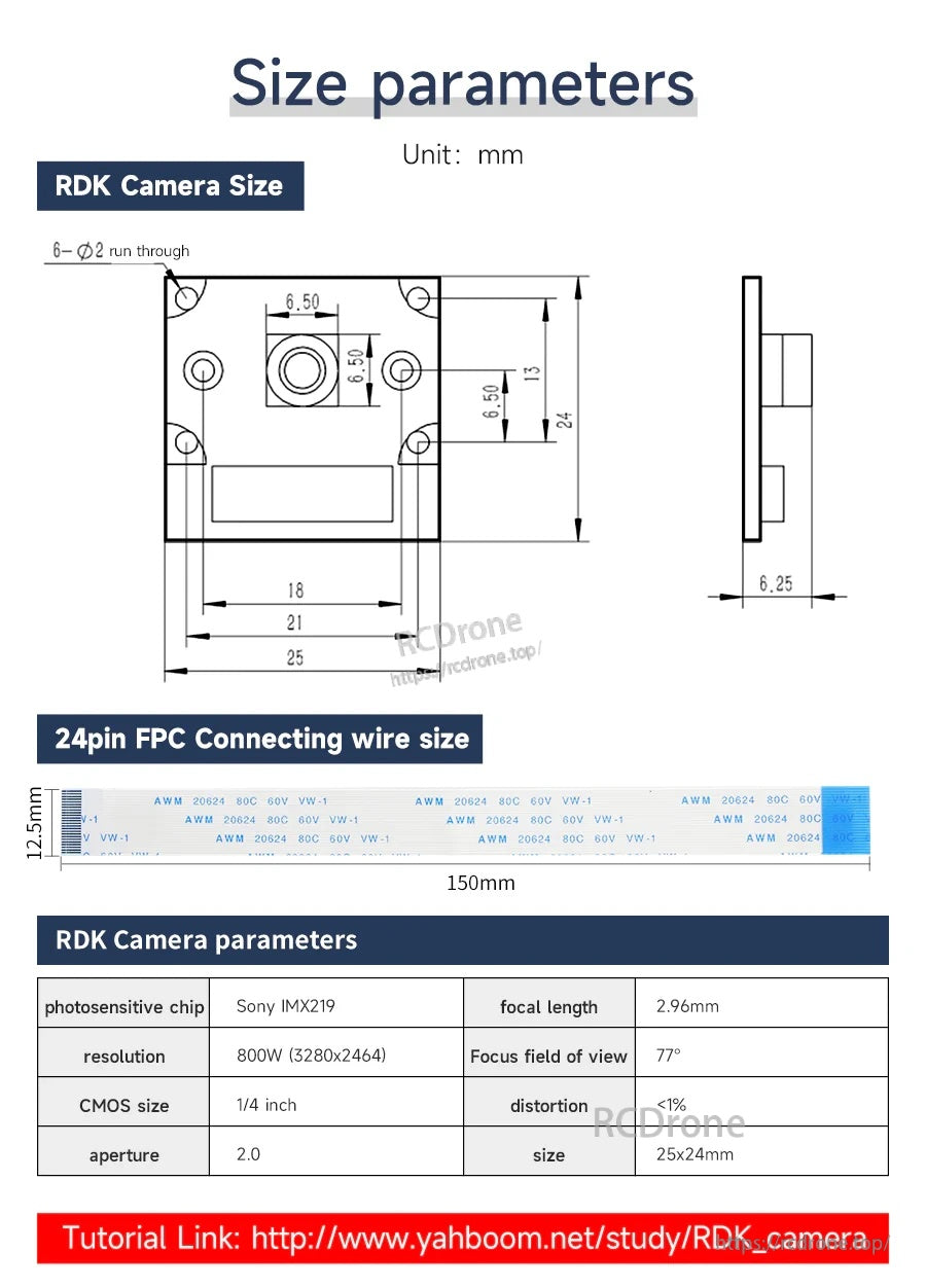 Mechanical dimensions and parameters for RDK X3 camera module and 150mm 24‑pin FPC cable