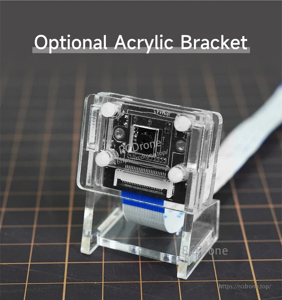 Camera module mounted in the optional acrylic bracket with standoffs and ribbon cable installed