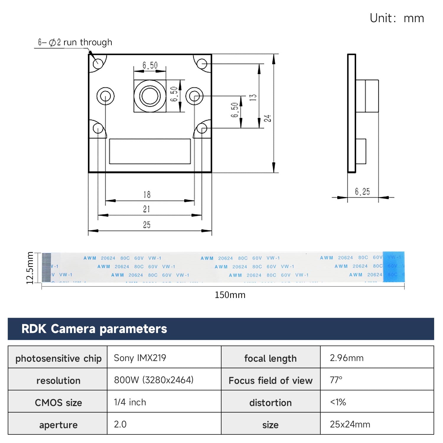 RDK X3 camera module dimensions and parameters chart (Sony IMX219, 8MP, 77° FOV, 150mm cable)