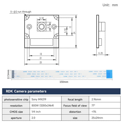 RDK X3 camera module dimensions and parameters chart (Sony IMX219, 8MP, 77° FOV, 150mm cable)