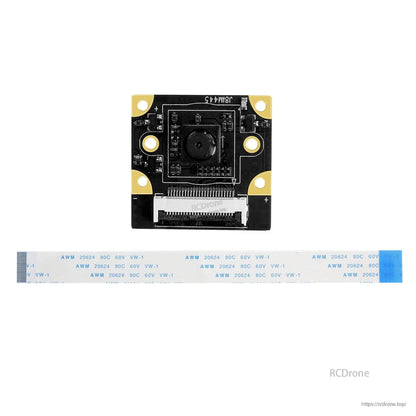 Close-up of camera module board with lens and CSI FPC connector, ribbon cable laid out below