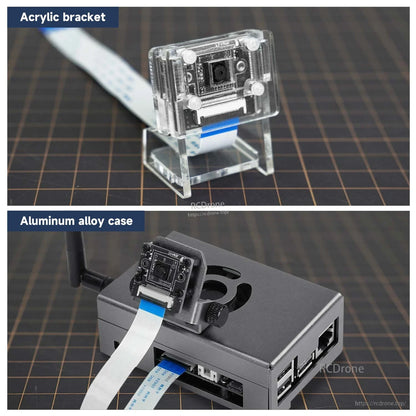 Mounting examples: camera in acrylic bracket and in aluminum alloy case on device with ribbon cable