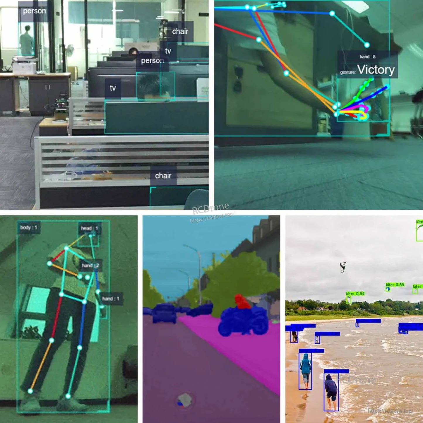 Computer vision demo screenshots showing object detection, pose estimation, and segmentation overlays