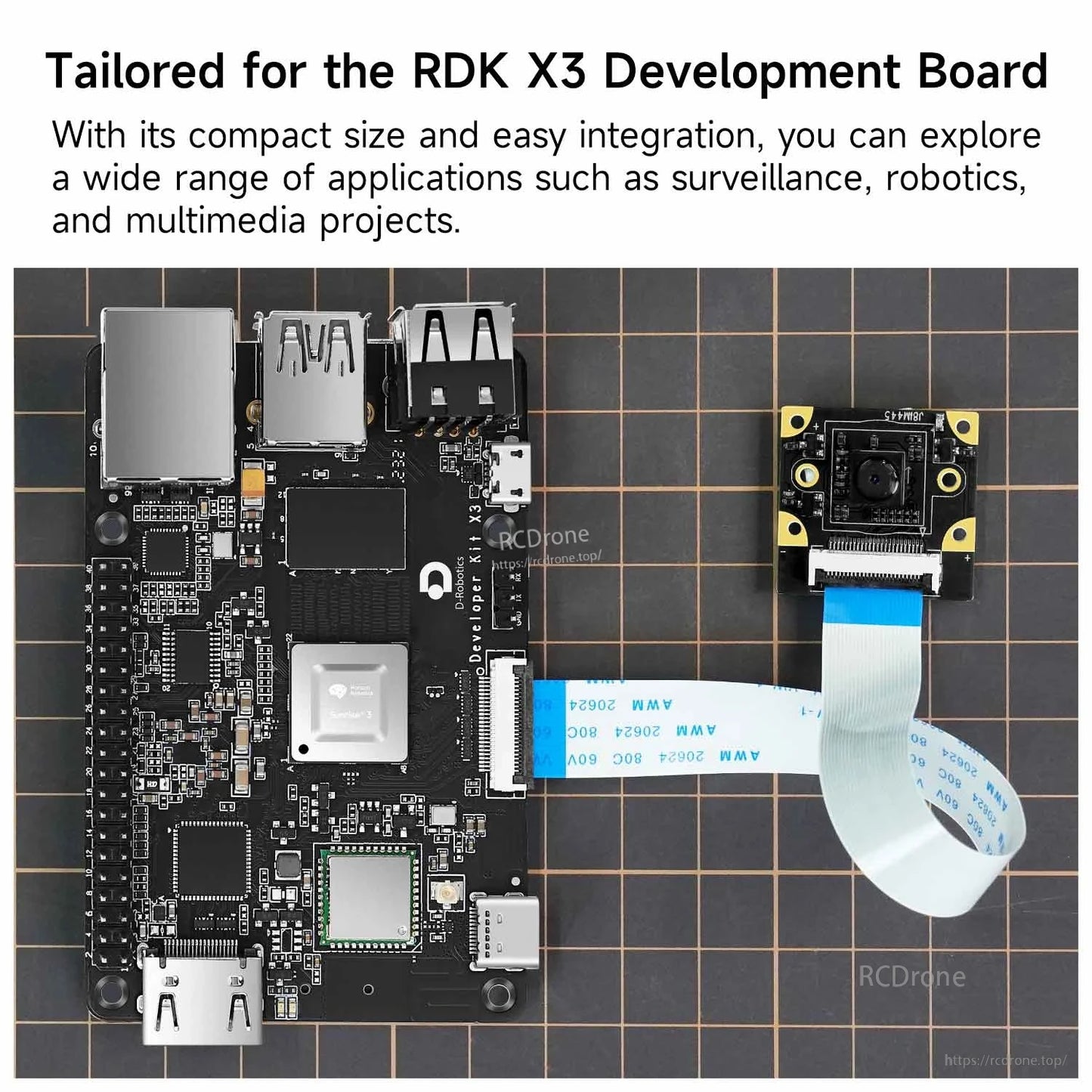 RDK X3 HD Camera module shown beside RDK X3 development board for size and CSI connection reference