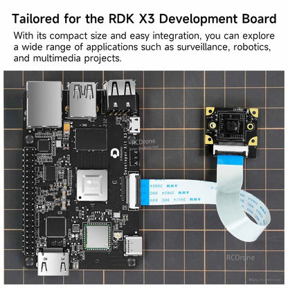 RDK X3 HD Camera module shown beside RDK X3 development board for size and CSI connection reference