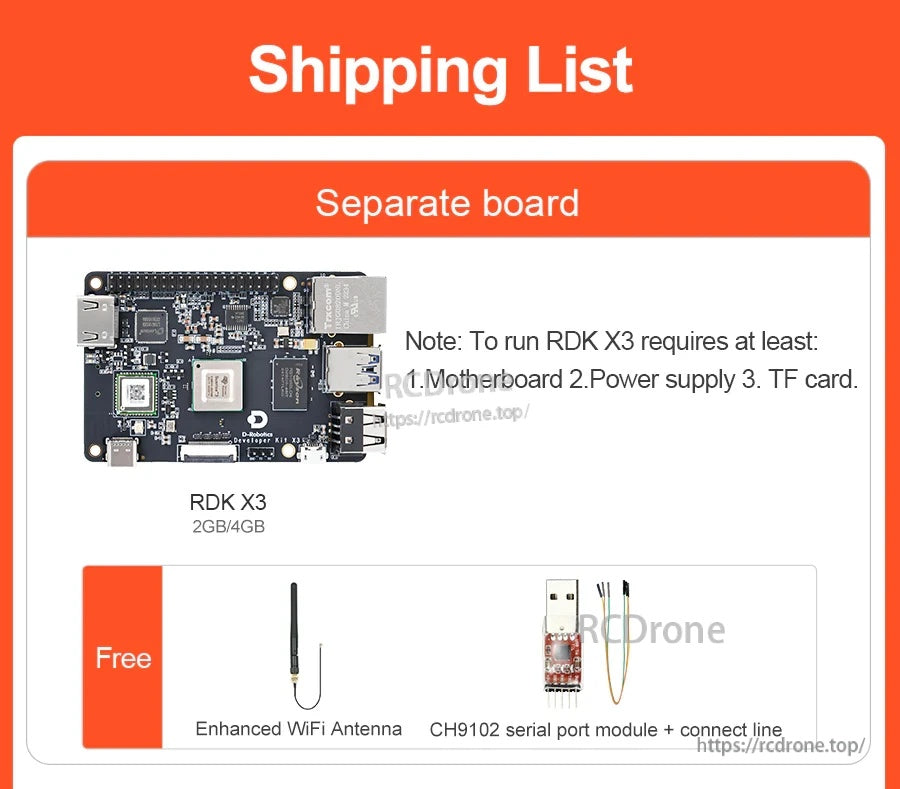 Shipping list showing RDK X3 (2GB/4GB) board, plus free enhanced WiFi antenna and CH9102 serial port module