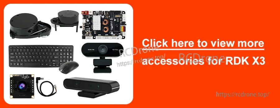 Accessory collage for RDK X3 including sensors, keyboard, mouse, camera, and other add-ons with call-to-action
