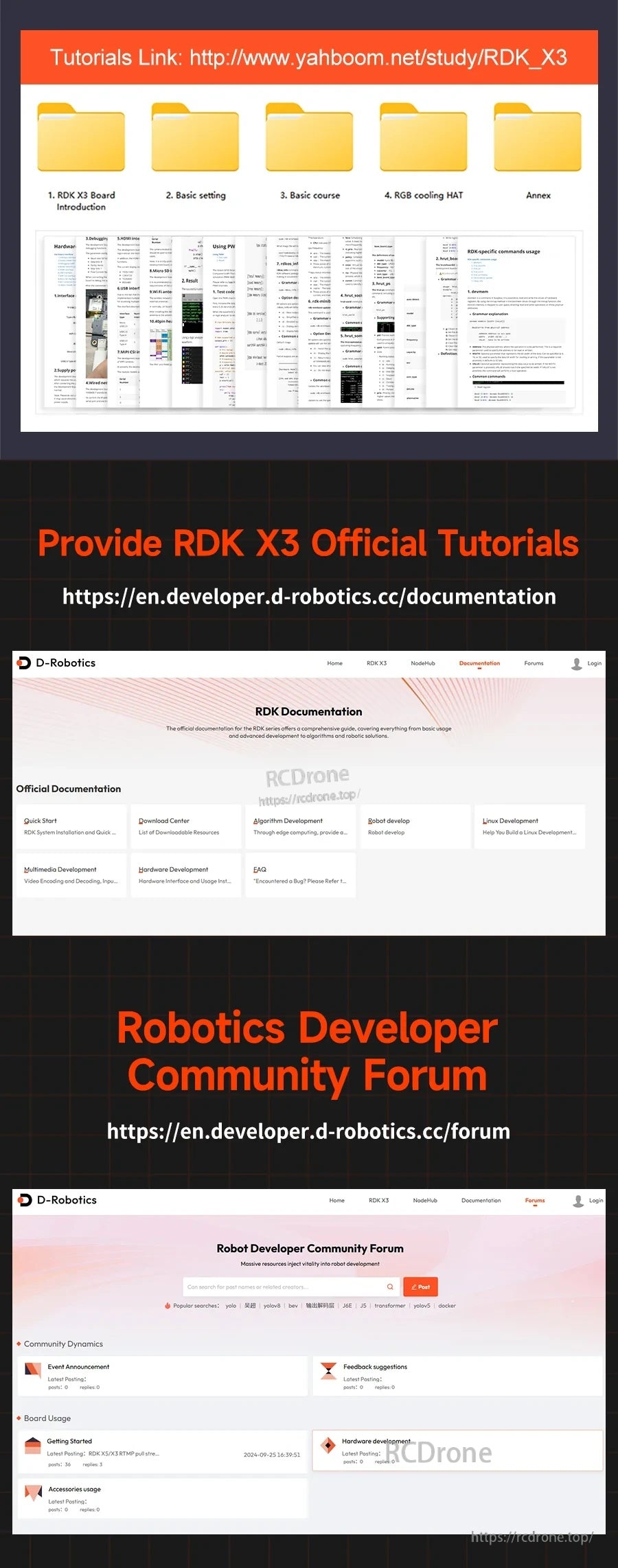 RDK X3 tutorials, official documentation, and robotics developer community forum links screenshot