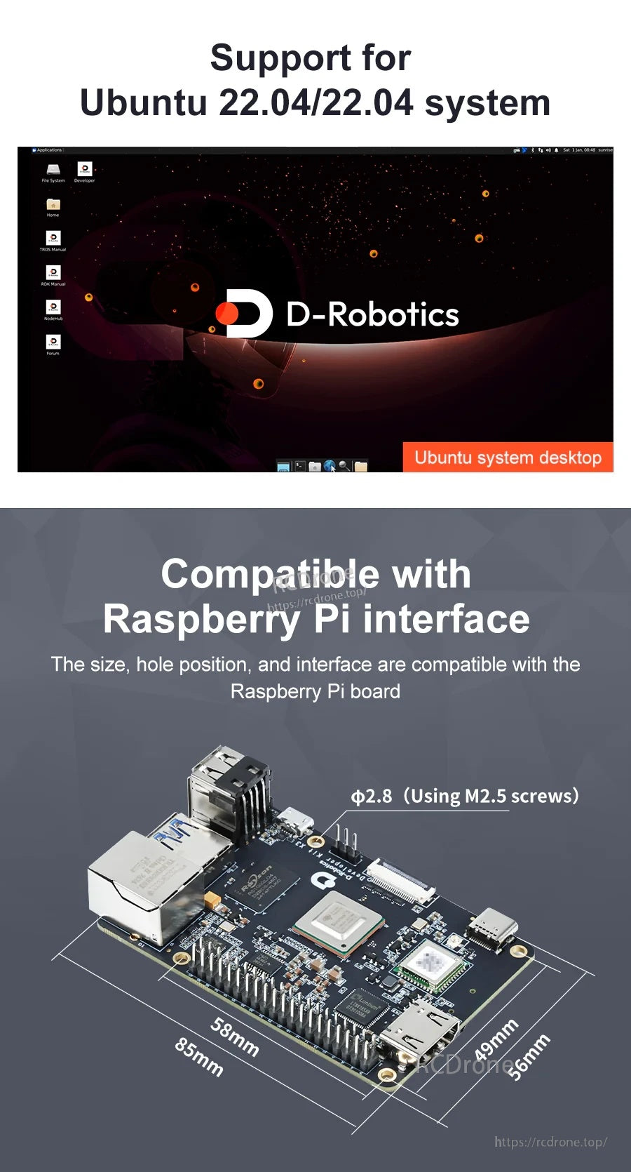 D-Robot RDK X3 Ubuntu desktop support and Raspberry Pi–compatible size with mounting hole measurements