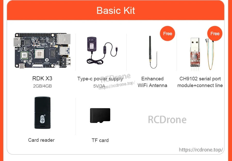 D-Robot Basic Kit with RDK X3 board, Type‑C 5V/3A power supply, WiFi antenna, CH9102 serial module, TF card and reader