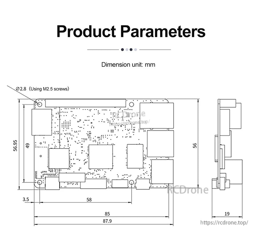RDK X3 mechanical dimensions drawing showing 85×56×19mm size and mounting hole spacing for M2.5 screws
