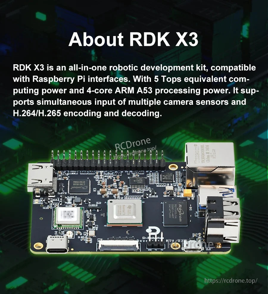 About RDK X3 graphic describing Raspberry Pi interface compatibility, multi-camera input, and H.264/H.265 support