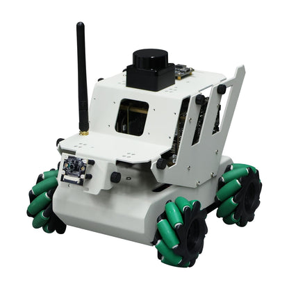 Robot car rear-left view showing antenna, chassis frame, and mecanum wheels on white background