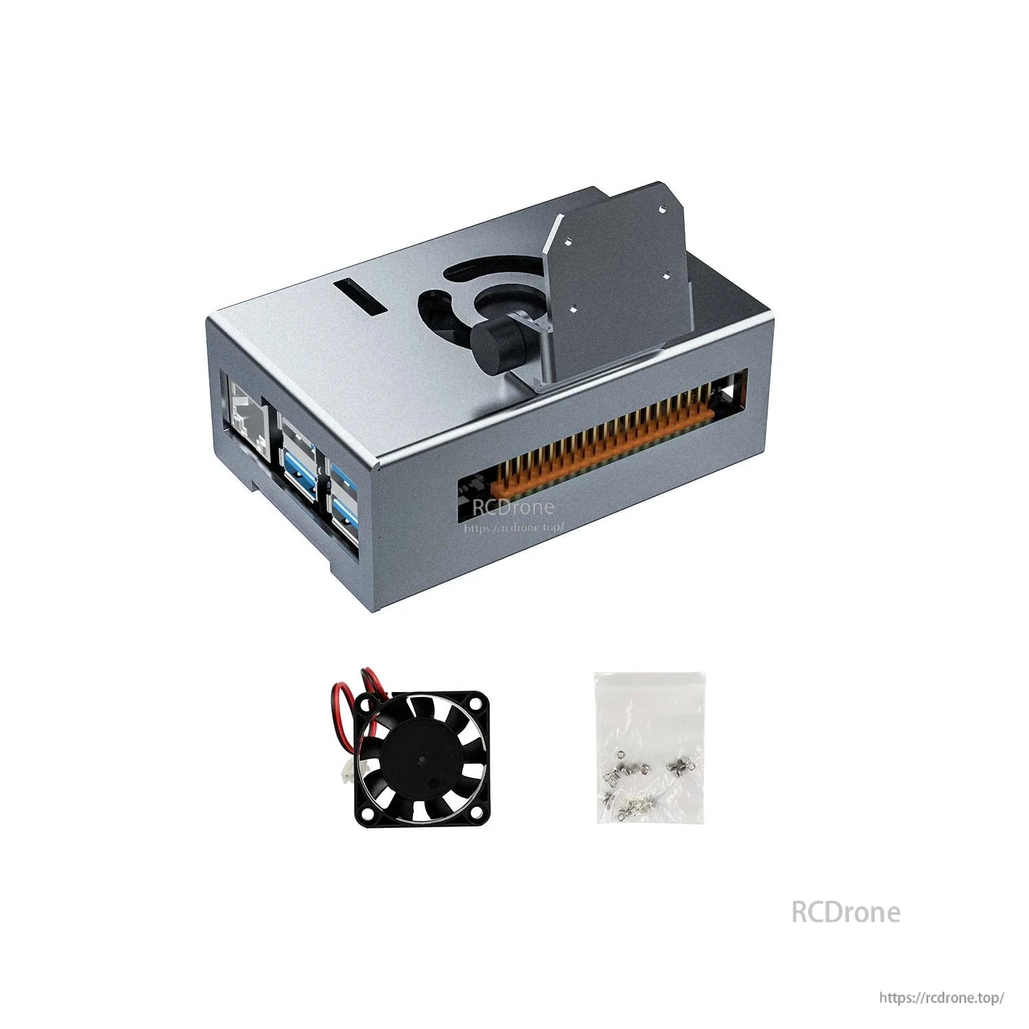 Package contents with camera bracket: aluminum case assembly, cooling fan, and mounting screws