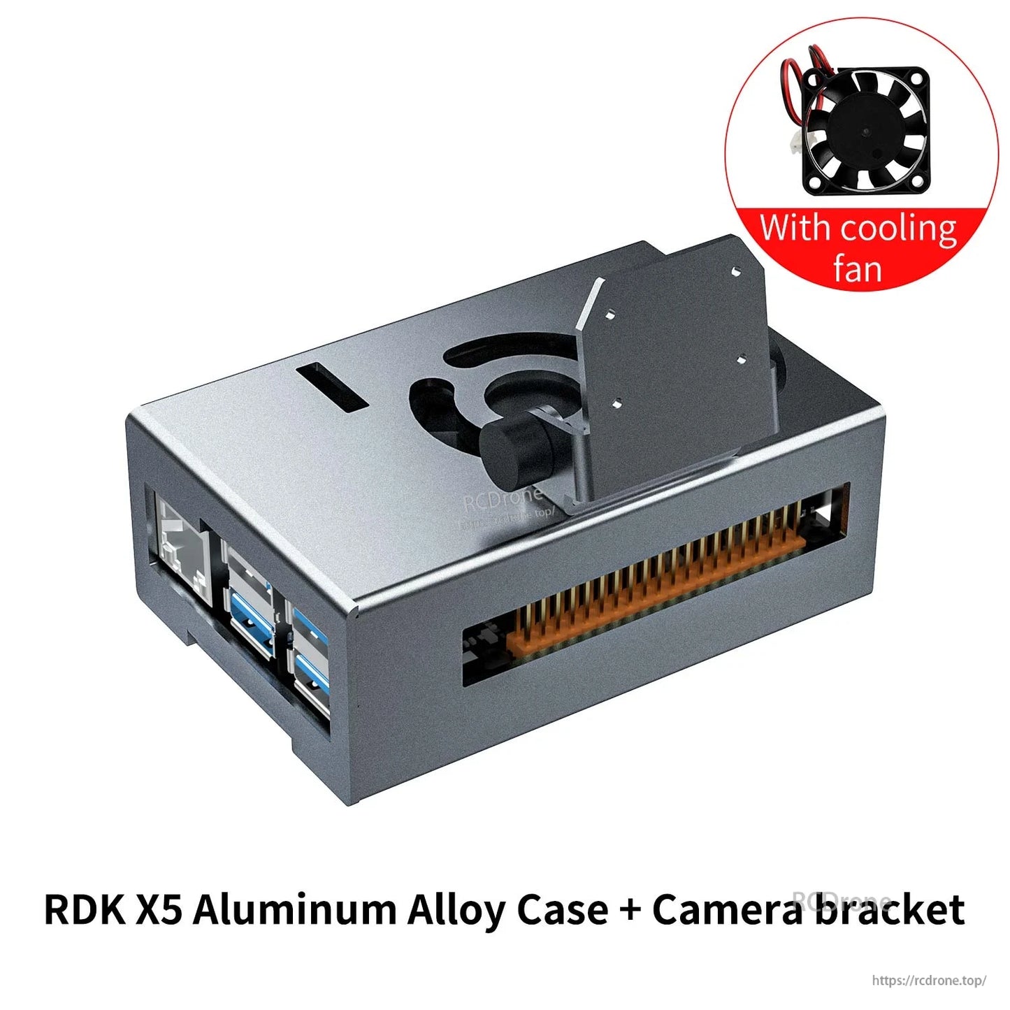 RDK X5 Aluminum Alloy Case with camera bracket installed, shown with included cooling fan badge