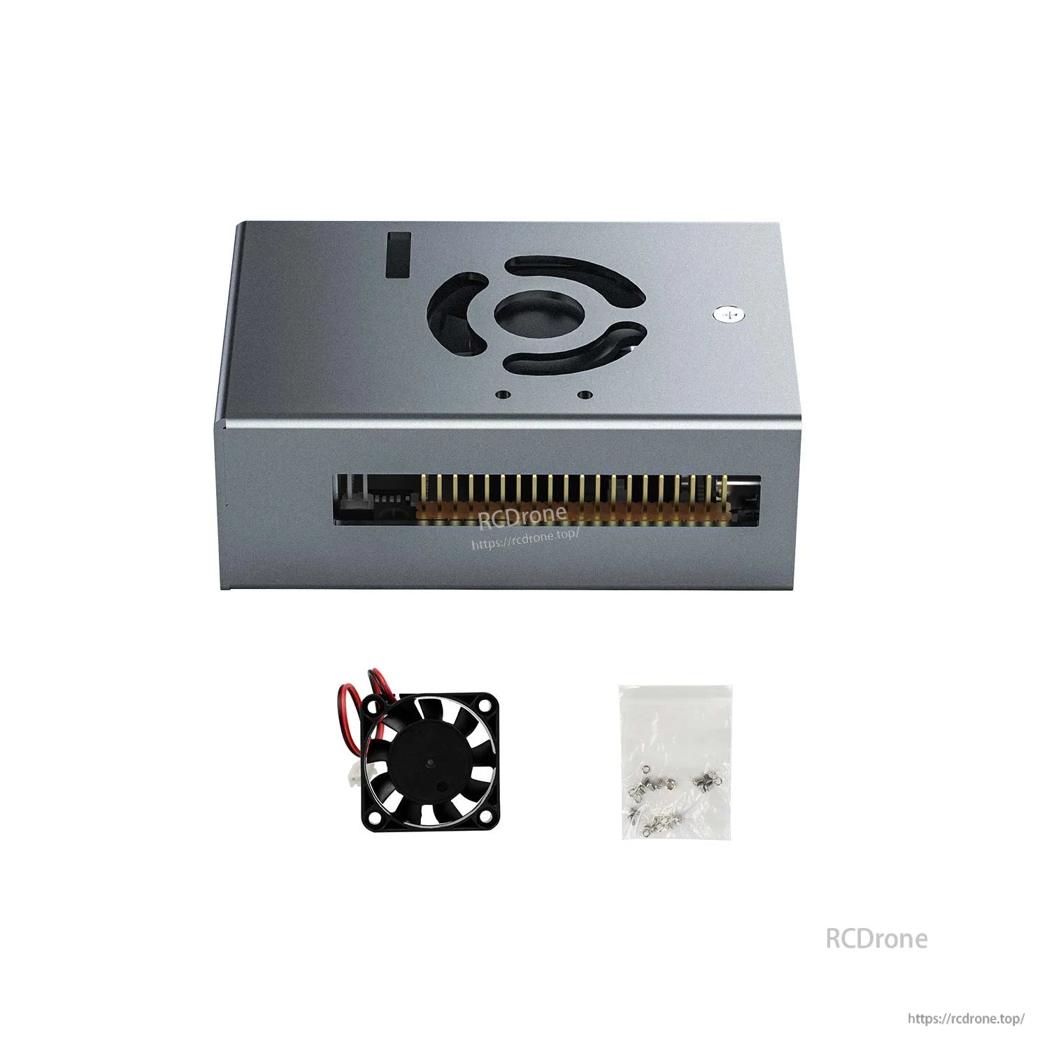 Package contents: aluminum case, 40 mm cooling fan, and small bag of mounting screws