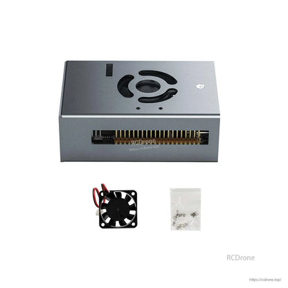 Package contents: aluminum case, 40 mm cooling fan, and small bag of mounting screws