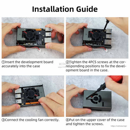 Installation guide showing board insertion, screw mounting, fan connection, and attaching the top cover