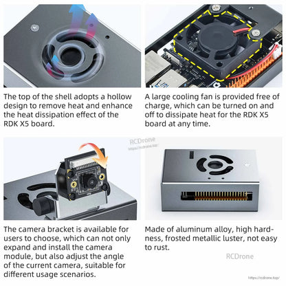 Feature collage showing hollow top vent, internal cooling fan placement, optional camera bracket, and alloy finish