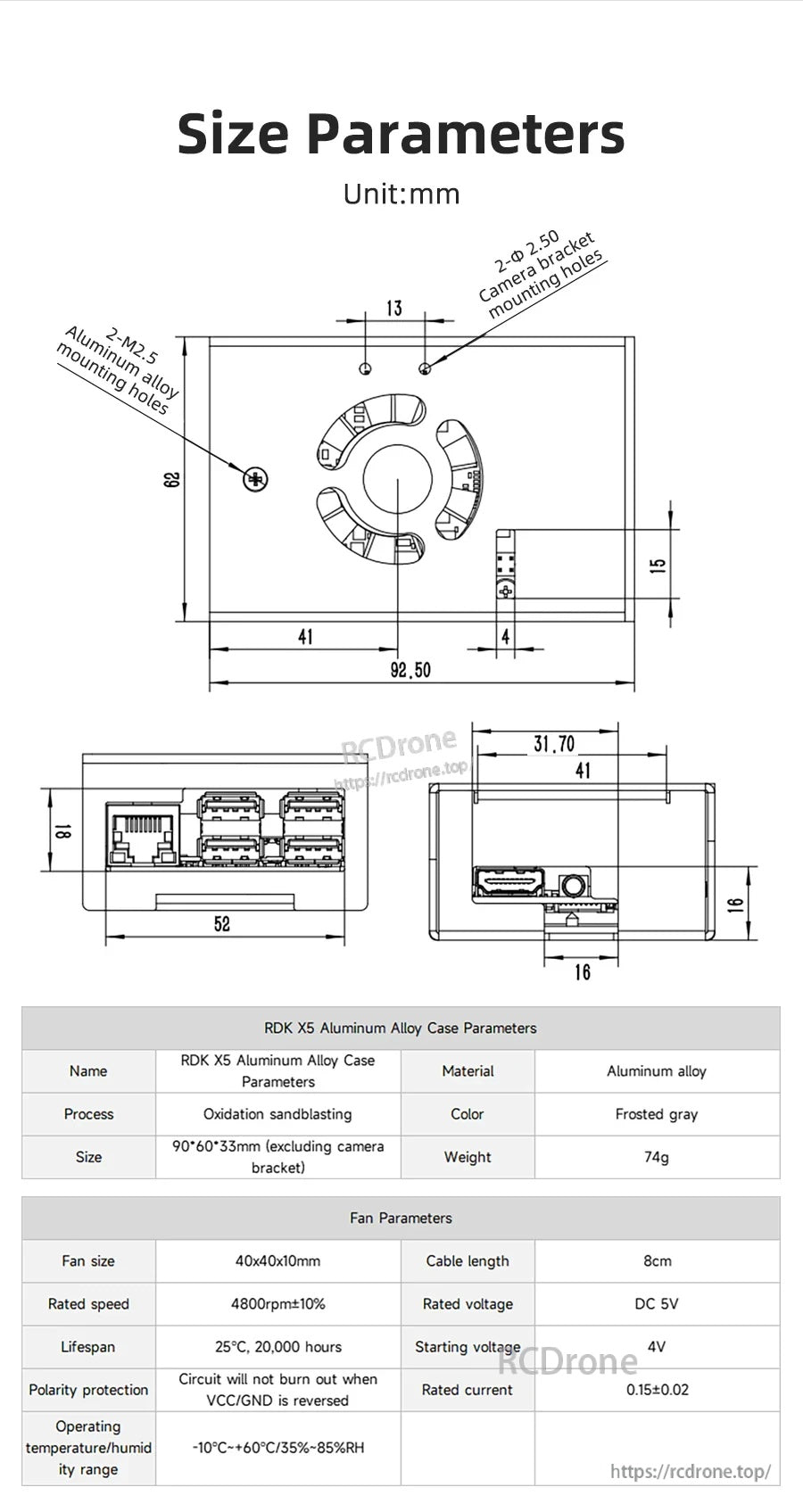 Mechanical drawing and size parameters for the aluminum case, including mounting holes and overall dimensions