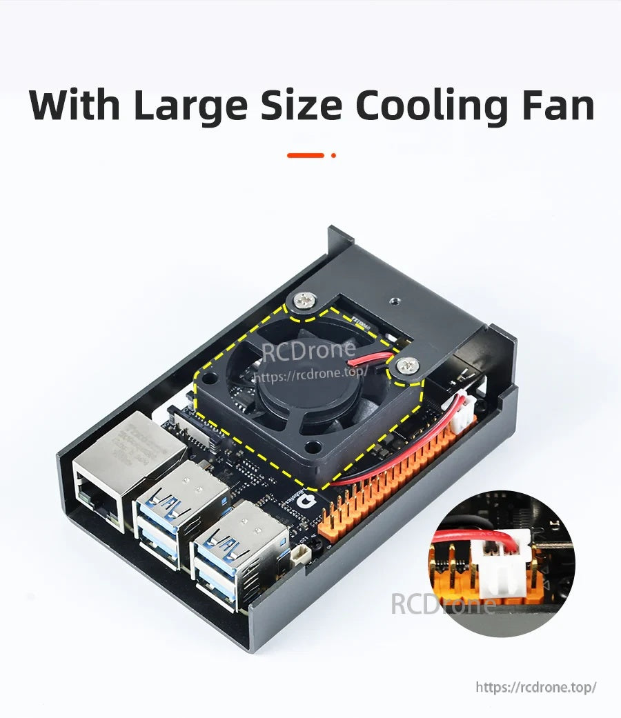 RDK X5 Aluminum Alloy Case interior showing large 40mm cooling fan mounted above the board area