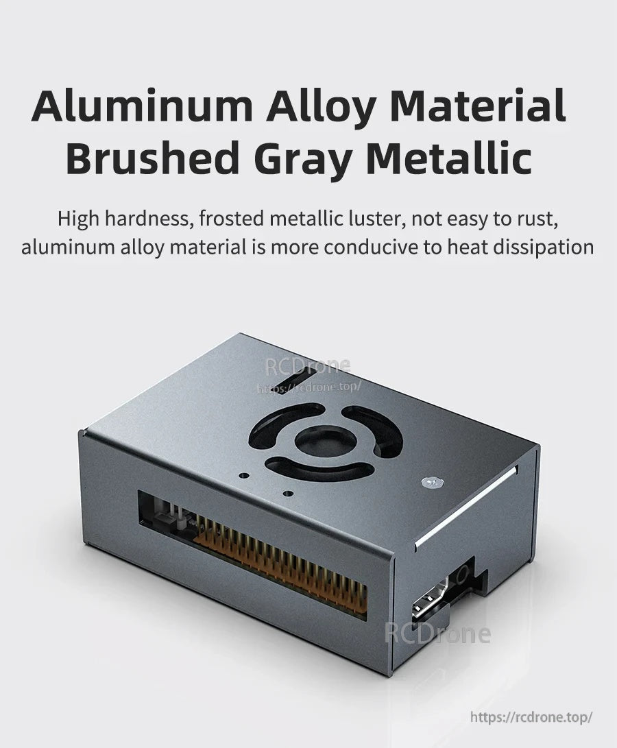 Brushed gray aluminum alloy enclosure with top ventilation cutout and side openings for board connectors