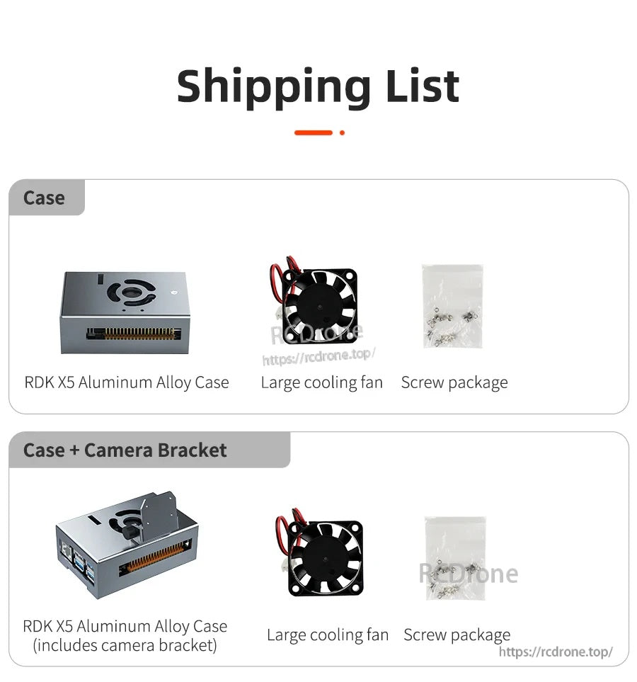 What’s included: aluminum alloy case, large cooling fan, and screw package; optional bundle adds camera bracket