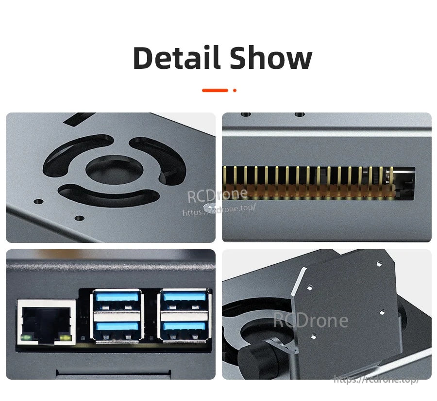 Detail collage of top ventilation pattern, GPIO opening, USB/Ethernet ports, and camera bracket plate close-ups