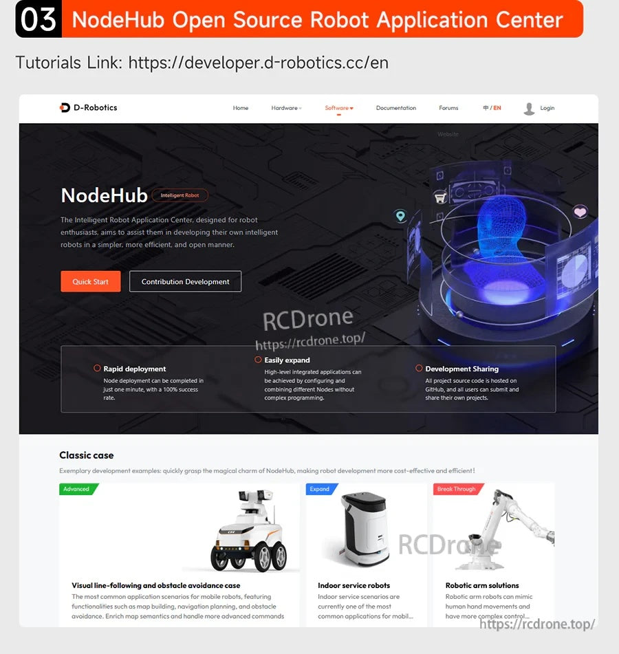Screenshot of D-Robotics NodeHub open source robot application center webpage with Quick Start and project sections