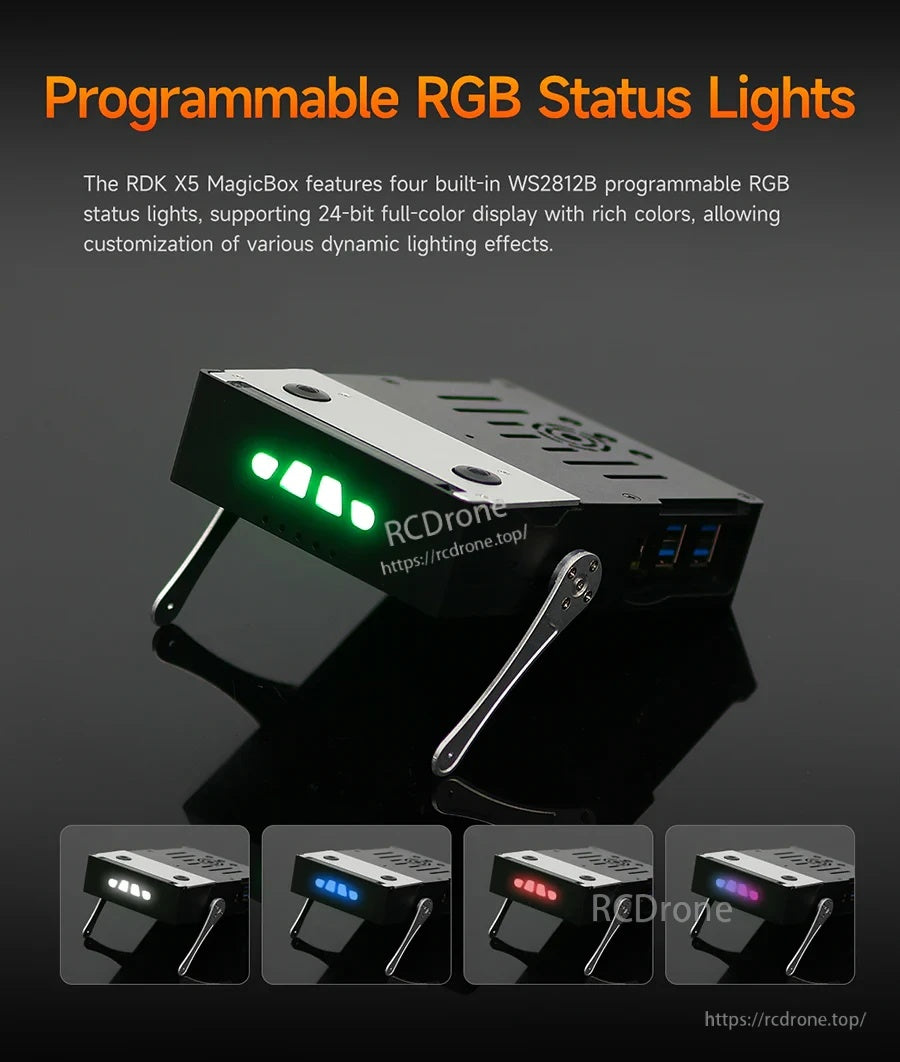 Programmable WS2812B RGB status lights on RDK X5 MagicBox with multiple color examples and side ports visible
