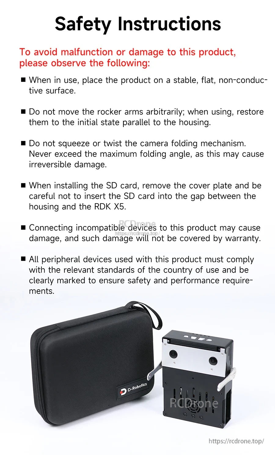 D-Robot RDKone device with carrying case alongside safety instructions for setup, SD card, and device handling.