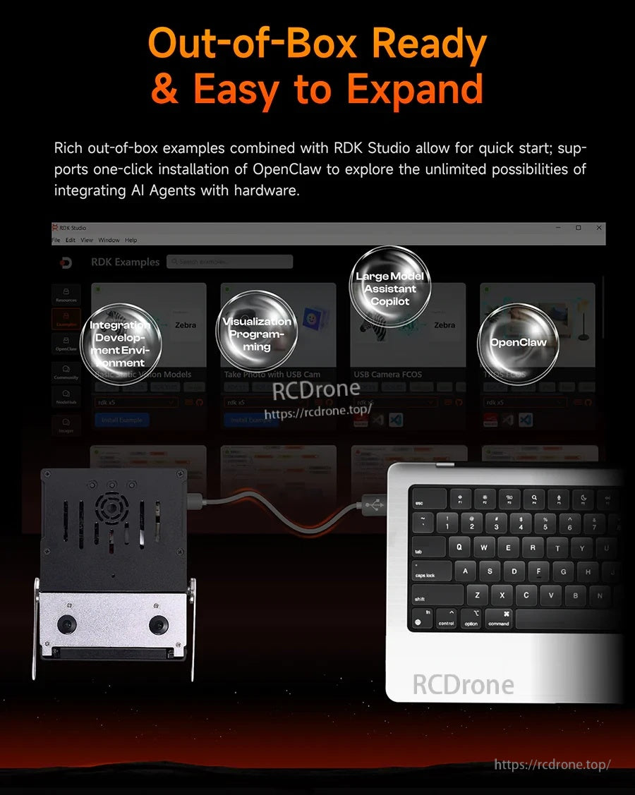 Out-of-box ready and easy to expand graphic showing RDK Studio interface, OpenClaw icons, USB cable and keyboard