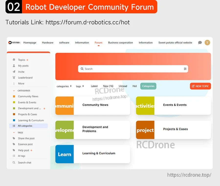 Screenshot of the D-Robot Robot Developer Community Forum homepage with tutorial link and category tiles