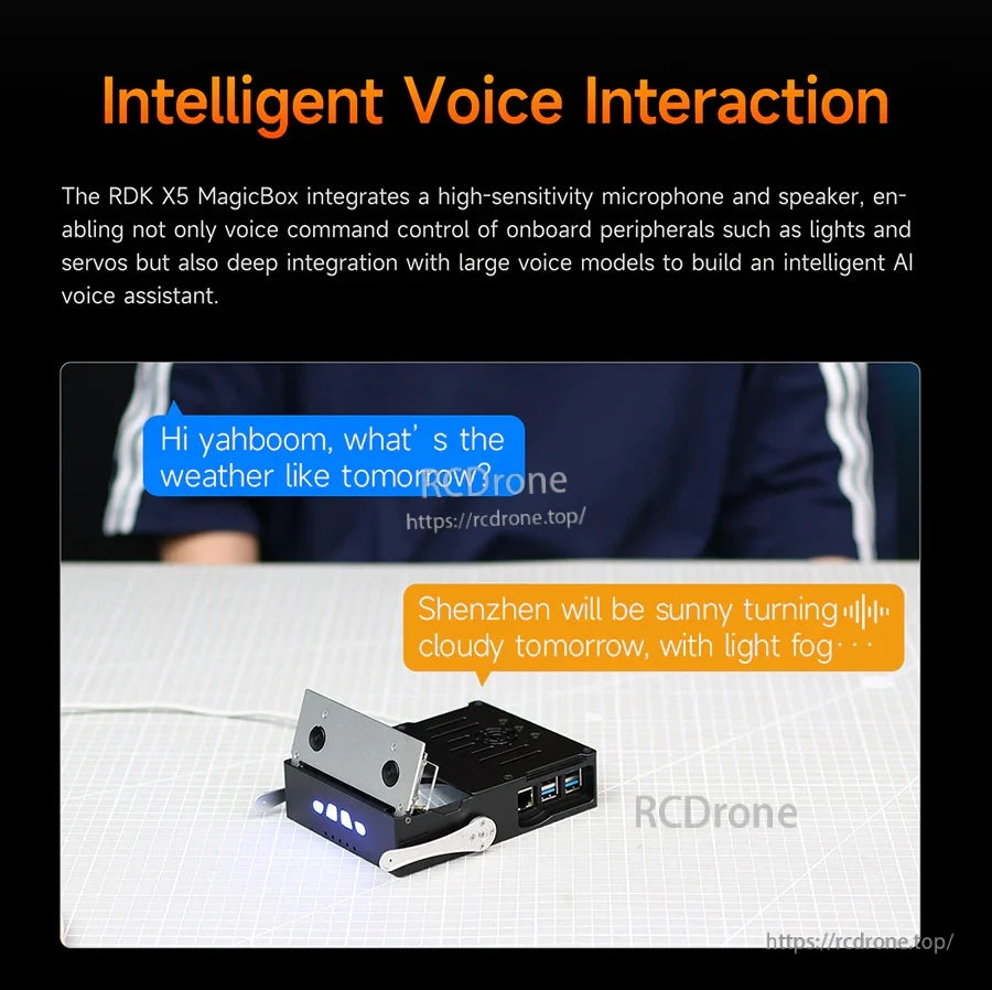 Intelligent voice interaction slide showing microphone and speaker support with example chat bubbles above the device