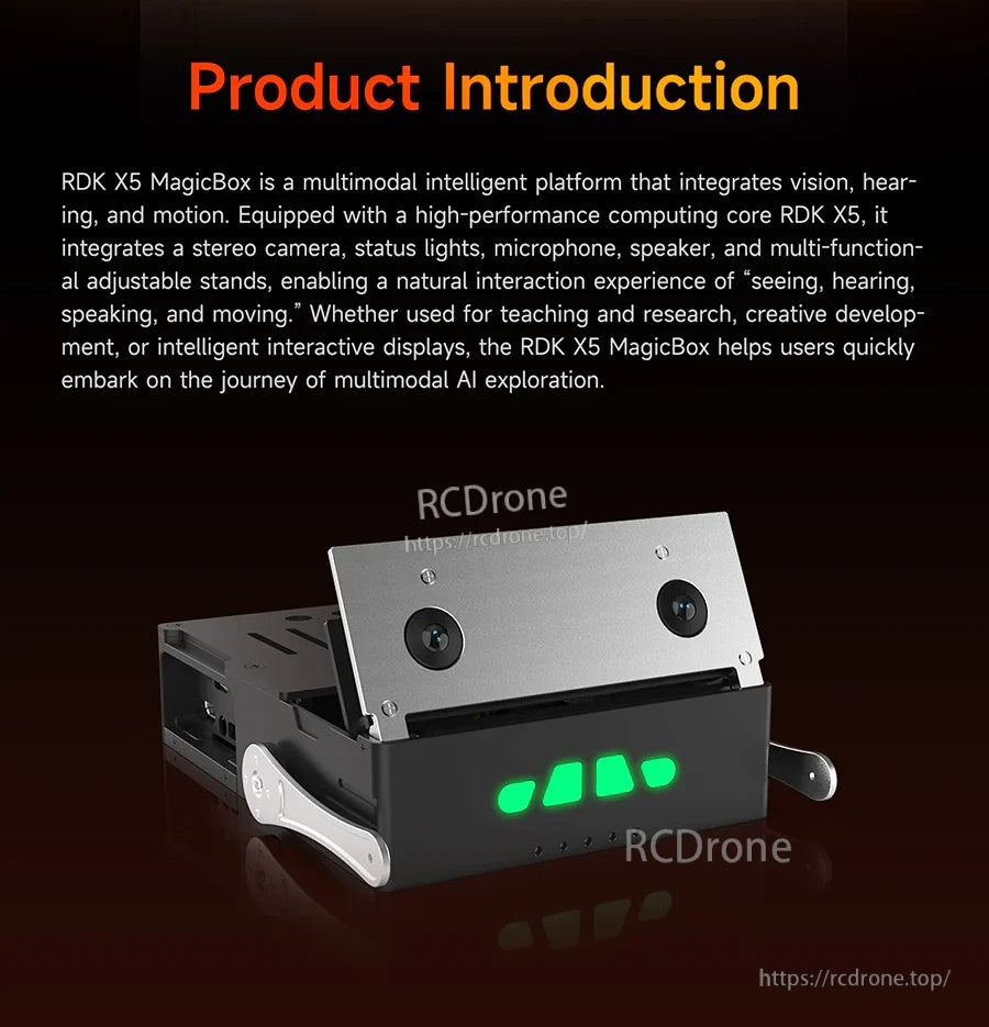 Product introduction slide with RDK X5 MagicBox desktop unit showing stereo front cameras and illuminated status bar