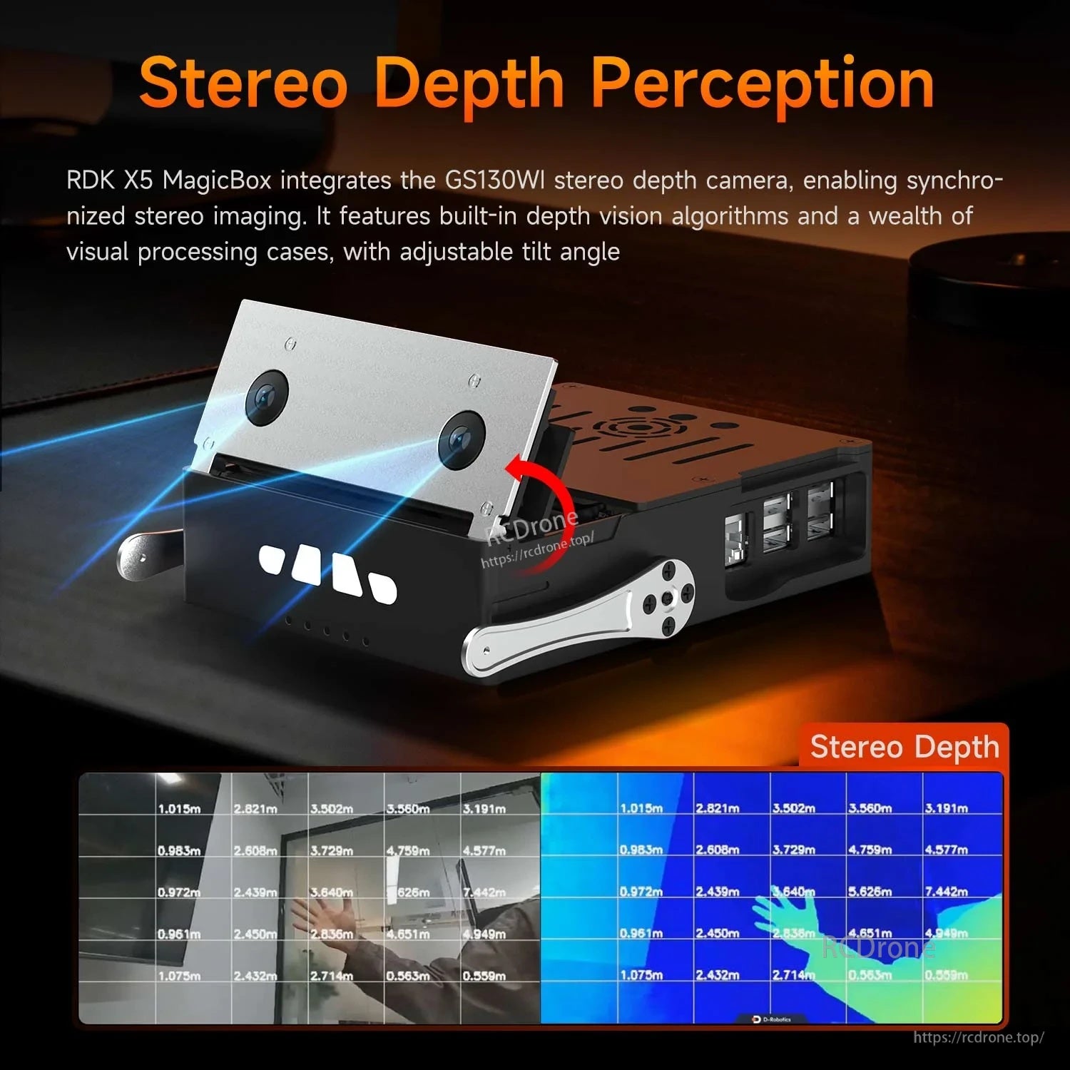 Stereo depth perception highlight with GS130WI binocular camera and sample depth map results on RDK X5 MagicBox