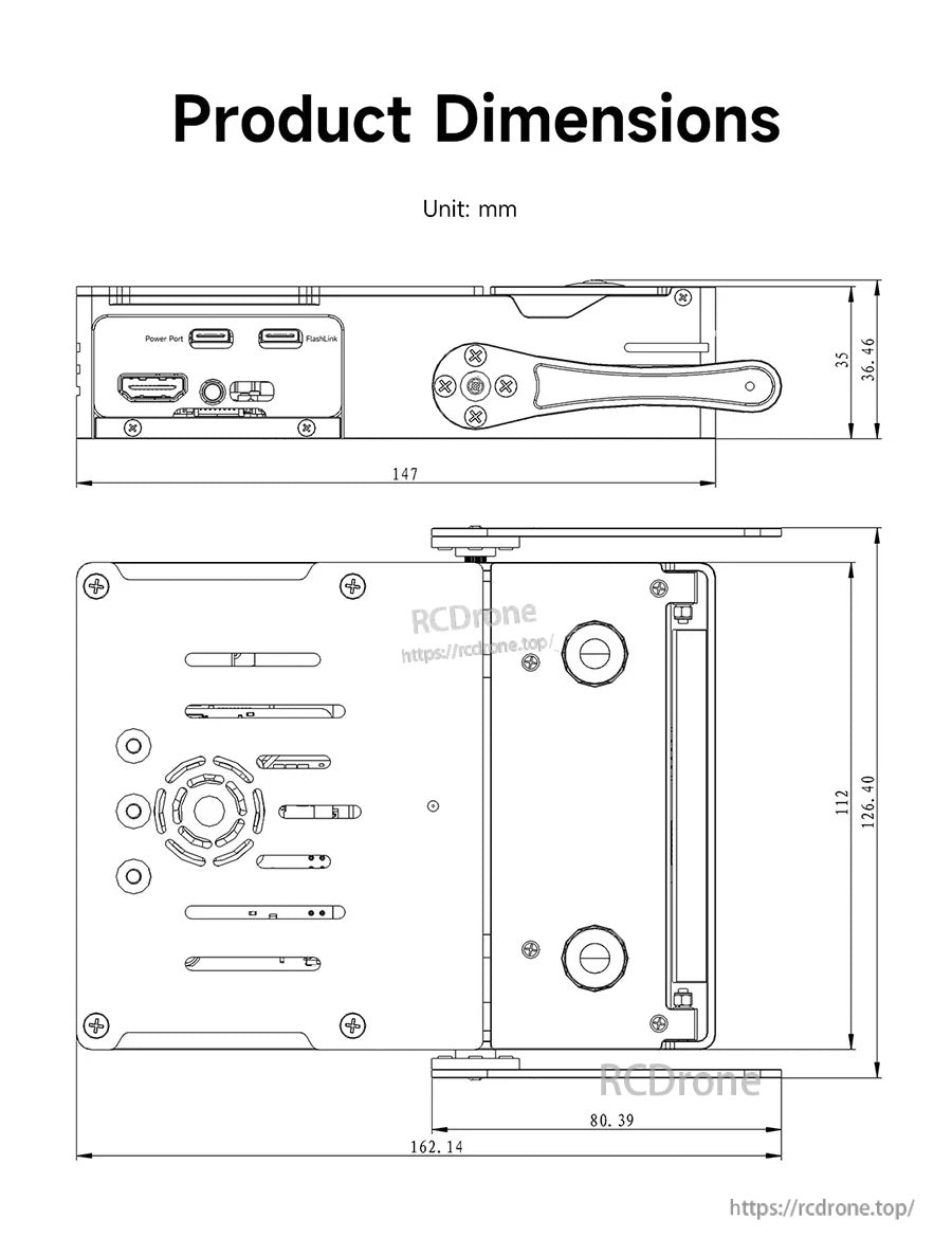 D-Robot product dimension drawing in mm with port layout and overall size measurements (147 mm length, 112 mm height).
