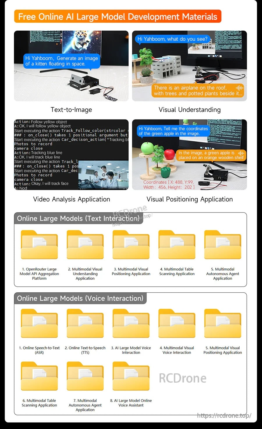 Free online AI large model development materials showing text-to-image, visual understanding and application folders