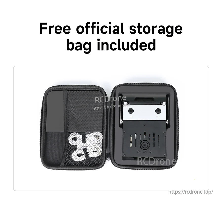 D-Robot device packed in a black zippered storage case with mesh pocket and included USB cable